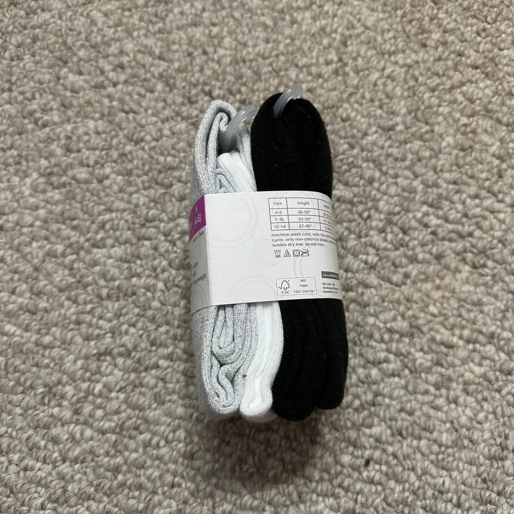 Wonder Nation Girls Tights 2 Pair Black White Silver Size S 4-6 Cotton Soft‎